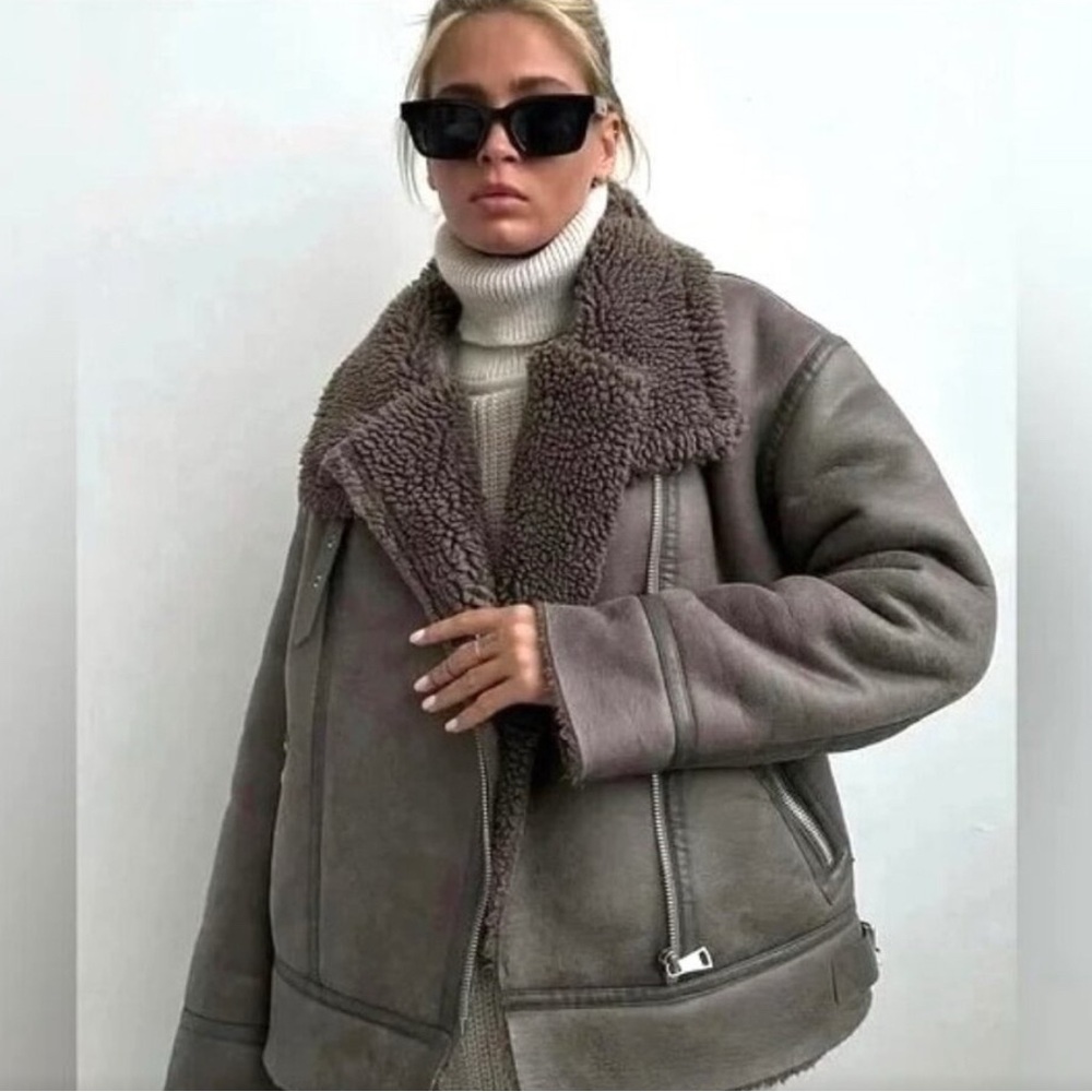 ZARA Faux Leather Shearling Fur Double-Faced Biker Jacket Aviator Coat LARGE Gra